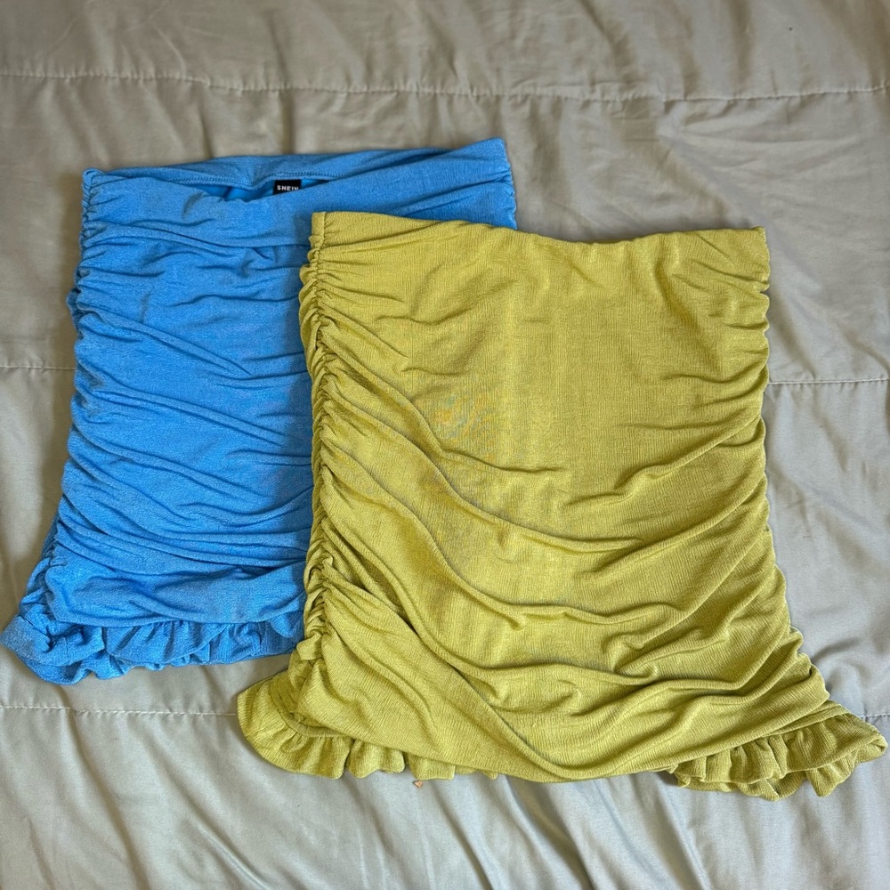 Blue & Green Shein High Waist Ruched Lettuce Trim Bodycon Skirts Bundle.
